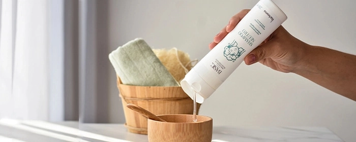Mão despejando shampoo Via Aroma em um pote amadeirado. Ao fundo, pote amadeirado com toalha e esponja para banho.