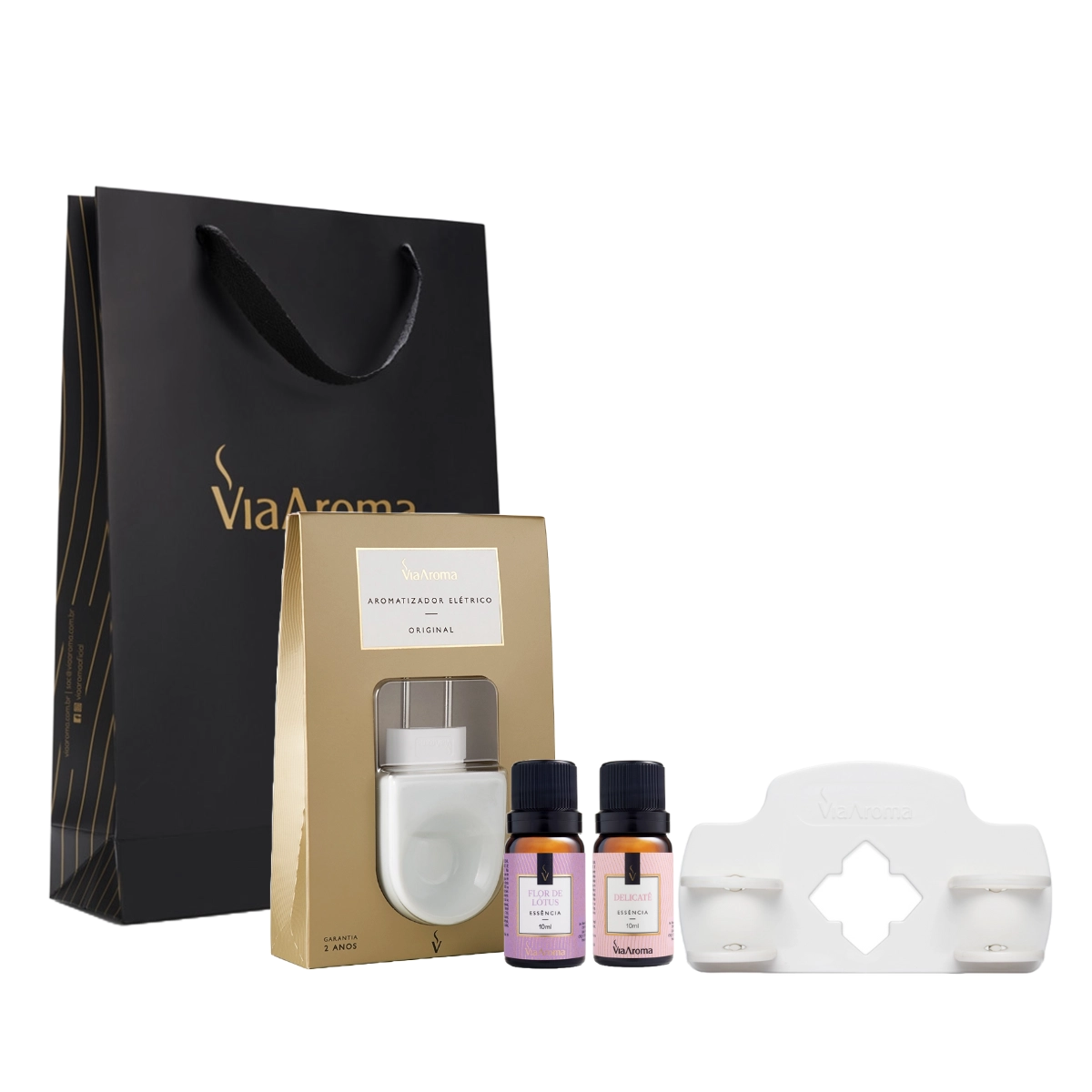 Kit Difusor Elétrico Original Via Aroma com Suporte + 2 Essências Florais: Flor de Lótus e Delicatê