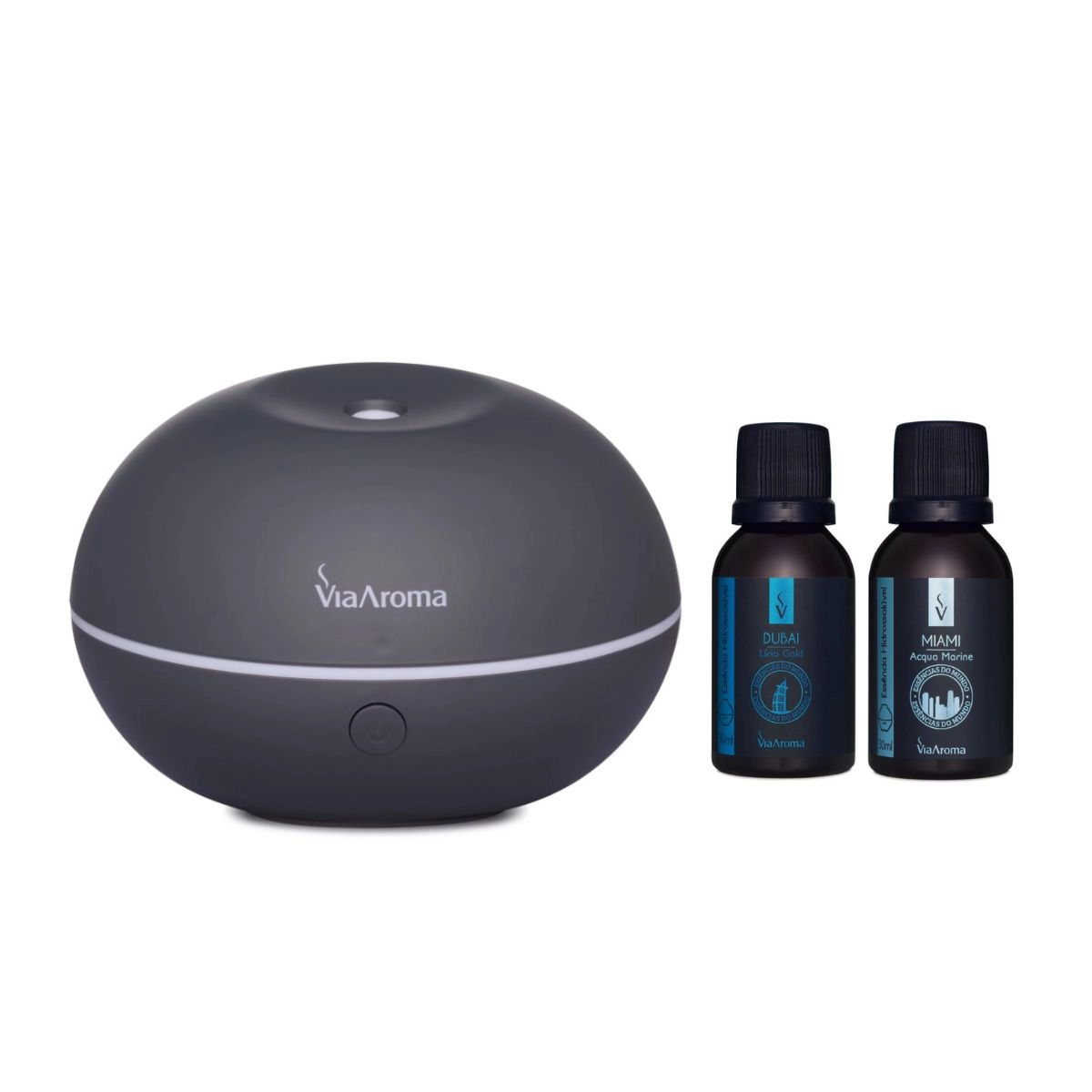 Kit Difusor ULTRA Cinza  + 2 Essências Hidrossolúveis Linha Mundo Via Aroma: Miami e Dubai