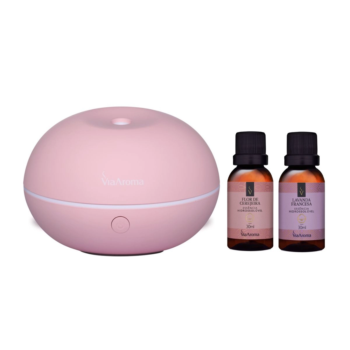 Kit Difusor ULTRA Rosa + 2 Essências Hidrossolúveis Via Aroma: Flor de Cerejeira e Lavanda Francesa
