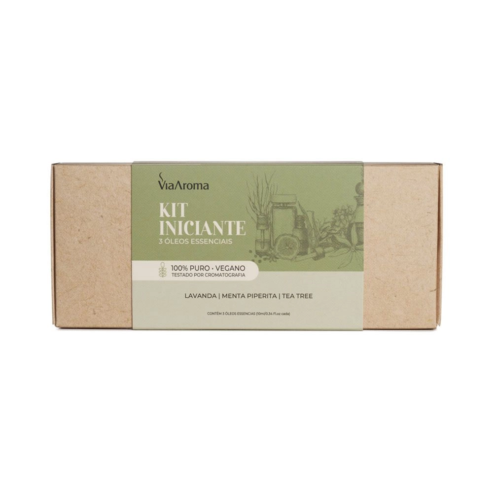 Kit 3 Óleos Essenciais Iniciante Via Aroma - Lavanda, Menta Piperita e Tea Tree embalagem fechada