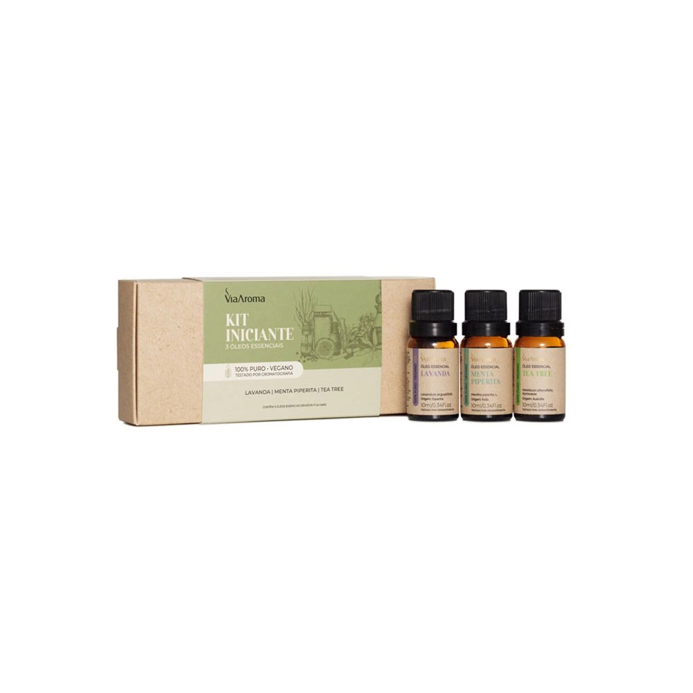 Kit 3 Óleos Essenciais Iniciante Via Aroma - Lavanda, Menta Piperita e Tea Tree óleo fora da embalagem 