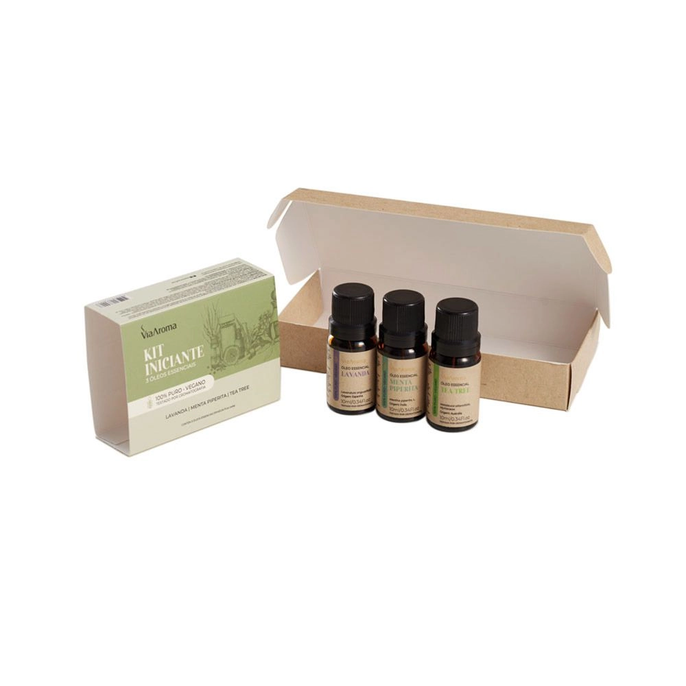 Kit 3 Óleos Essenciais Iniciante Via Aroma - Lavanda, Menta Piperita e Tea Tree embalagem aberta
