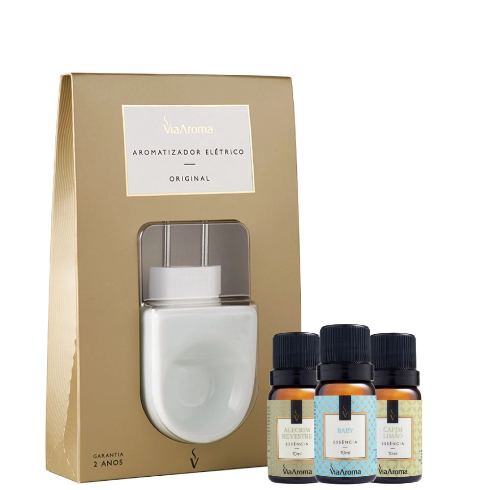 Kit Aromatizador Elétrico Original mais 3 Essências Via Aroma - Alecrim Silvestre, Capim Limão e Baby