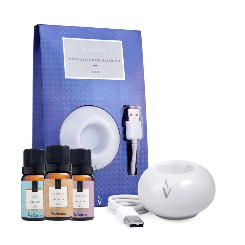 Kit Aromatizador USB mais 3 Essências Via Aroma -  Baby, Lavanda e Vanilla
