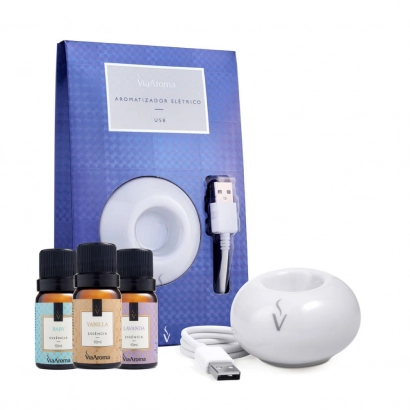 Produto Kit Aromatizador USB mais 3 Essências Via Aroma - Baby, Lavanda e Vanilla