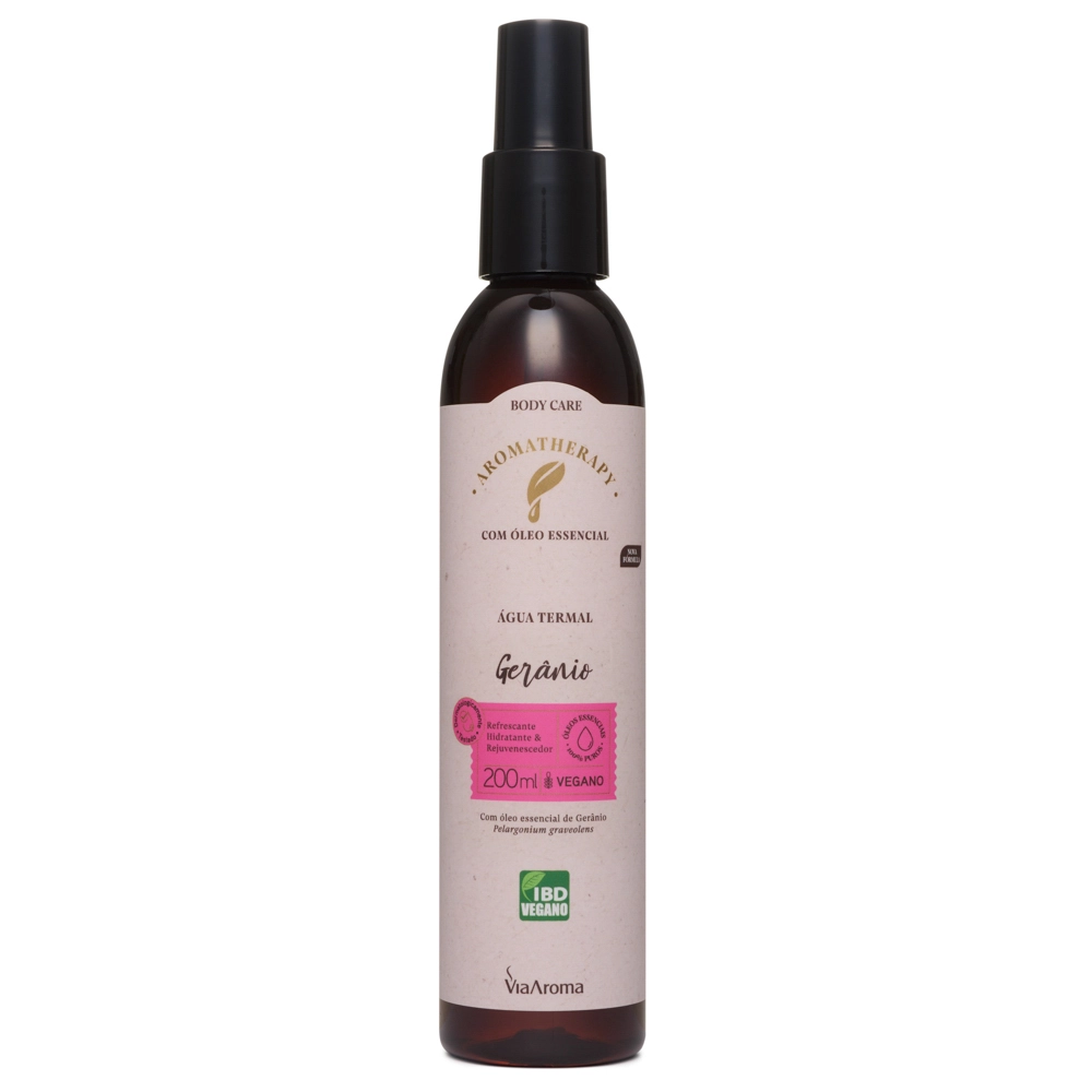 Água Termal com Óleo Essencial de Gerânio Via Aroma - 200ml Frente Produto Água Termal com Óleo Essencial de Gerânio Via Aroma - 200ml Frente