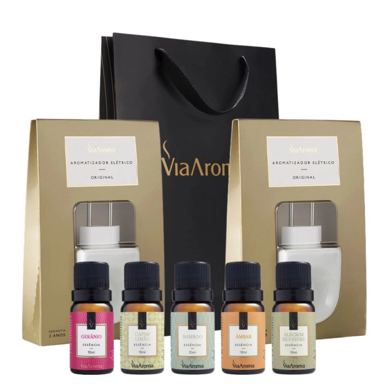 Kit 2 Aromatizadores Elétricos mais 5 Essências Via Aroma - Sortidas Produto Kit 2 Aromatizadores Elétricos mais 5 Essências Via Aroma - Sortidas