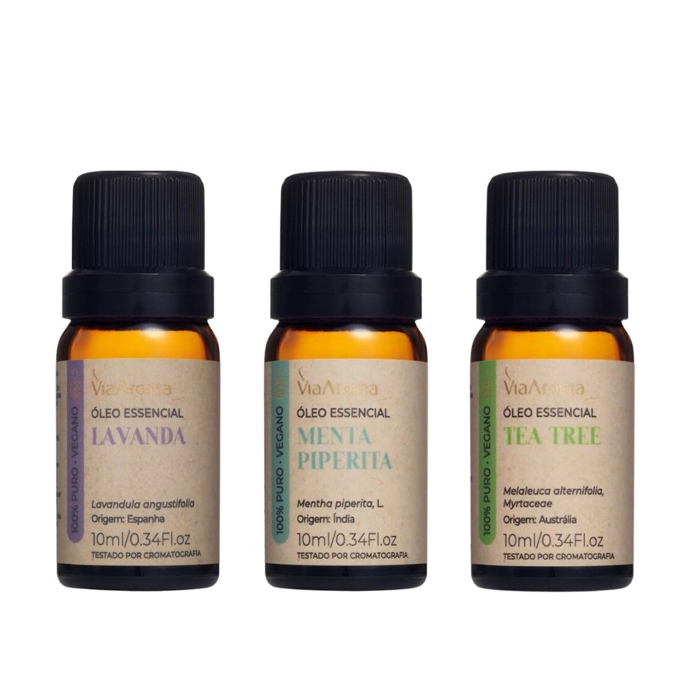 Produto Kit 3 Óleos Essenciais Via Aroma - Lavanda, Menta Piperita e Tea Tree