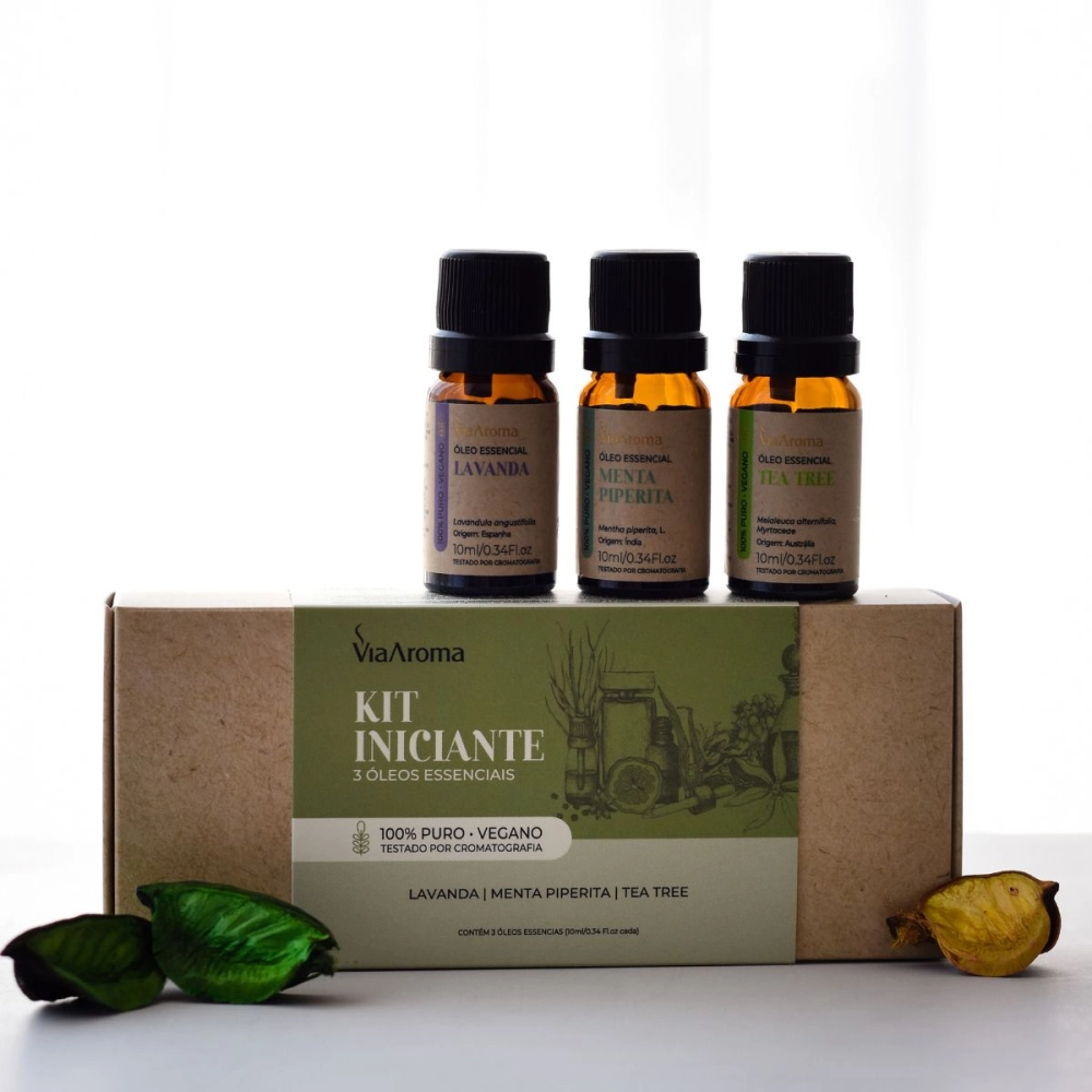 Produto Kit 3 Óleos Essenciais Iniciante Via Aroma - Lavanda, Menta Piperita e Tea Tree