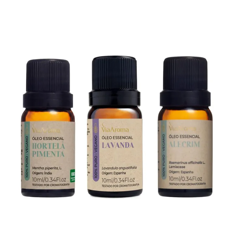Kit 3 Óleos Essenciais Via Aroma - Alecrim, Lavanda e Hortelã Pimenta Produto Kit 3 Óleos Essenciais Via Aroma - Alecrim, Lavanda e Hortelã Pimenta