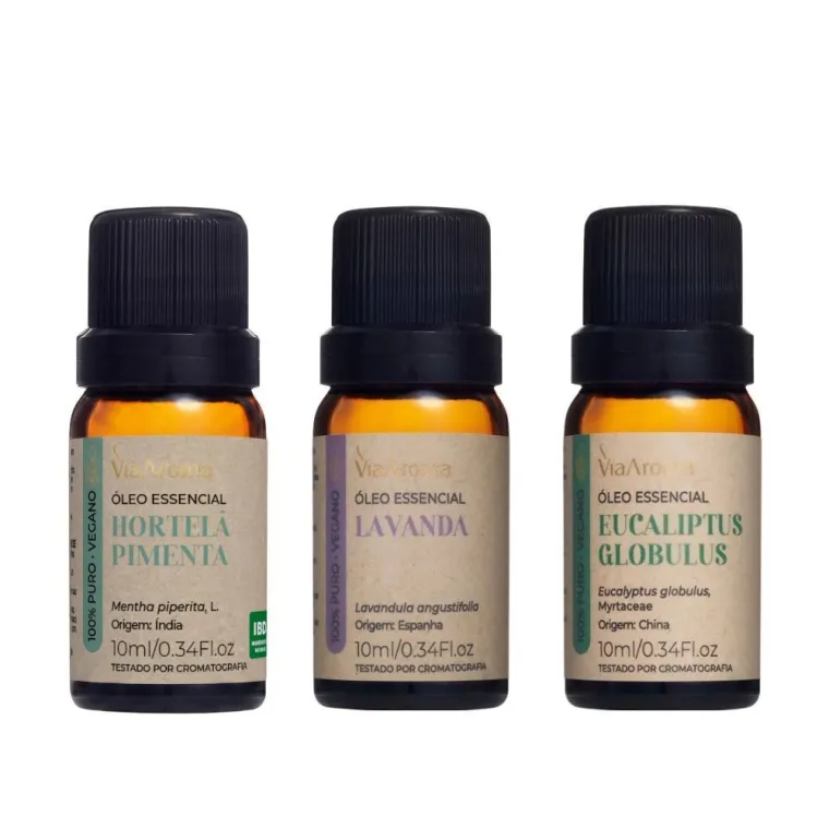 Kit 3 Óleos Essenciais Via Aroma – Eucaliptus Globulus, Lavanda e Hortelã Pimenta Produto Kit 3 Óleos Essenciais Via Aroma – Eucaliptus Globulus, Lavanda e Hortelã Pimenta