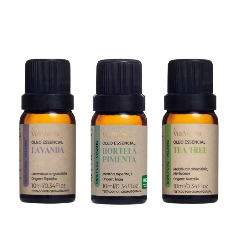 Kit 3 Óleos Essenciais Via Aroma - Lavanda, Hortelã Pimenta e Tea Tree Produto Kit 3 Óleos Essenciais Via Aroma - Lavanda, Hortelã Pimenta e Tea Tree