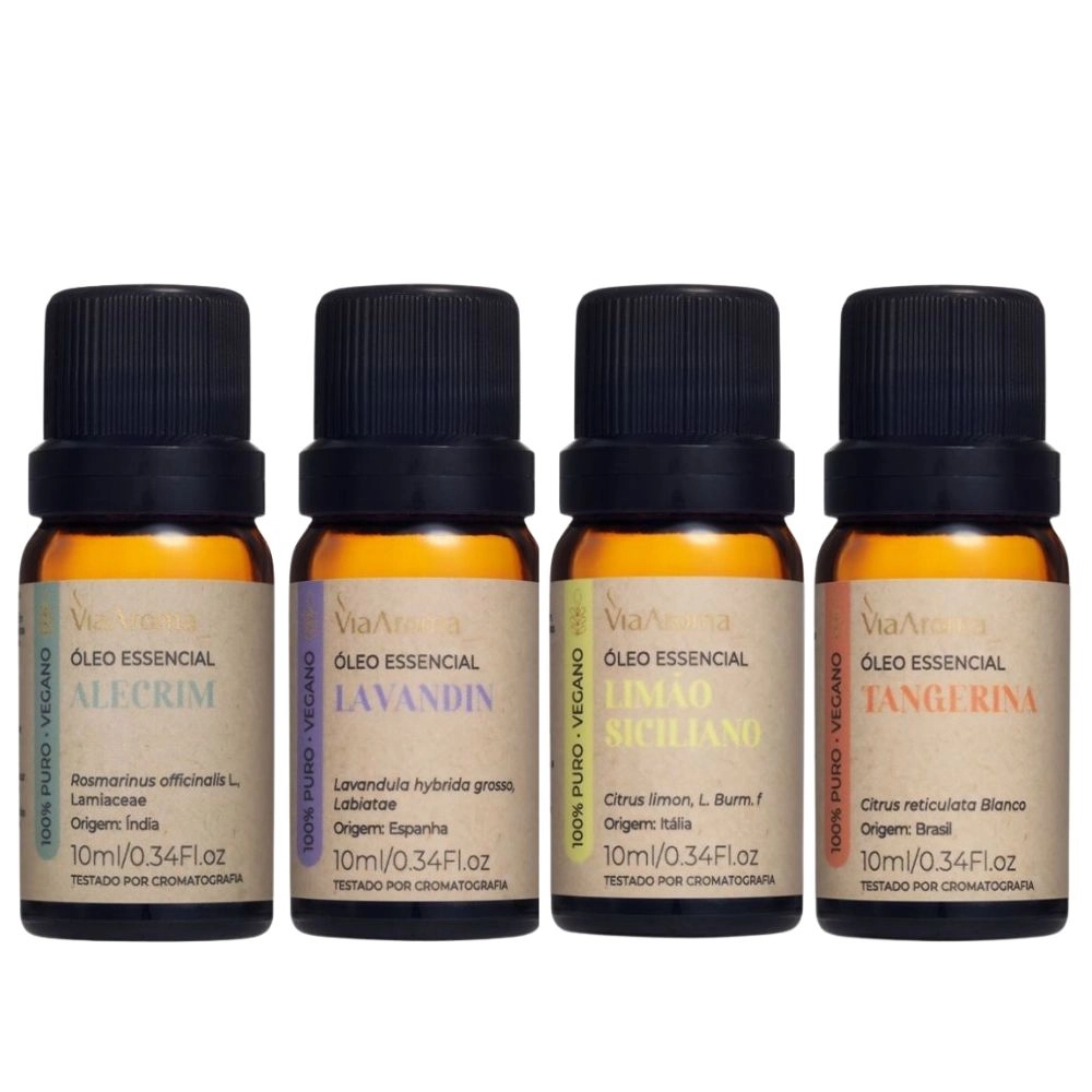 Produto Kit 4 Óleos Essenciais Via Aroma – Alecrim, Lavandin , Limão Siciliano e Tangerina