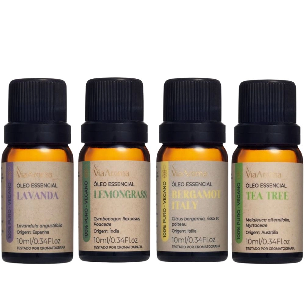 Produto Kit 4 Óleos Essenciais Via Aroma – Bergamot Italy, Lavanda, Lemongrass e Tea Tree.