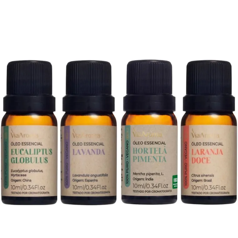 Kit 4 Óleos Essenciais Via Aroma - Eucaliptus Globulus, Laranja Doce, Lavanda e Hortelã Pimenta Produto Kit 4 Óleos Essenciais Via Aroma - Eucaliptus Globulus, Laranja Doce, Lavanda e Hortelã Pimenta