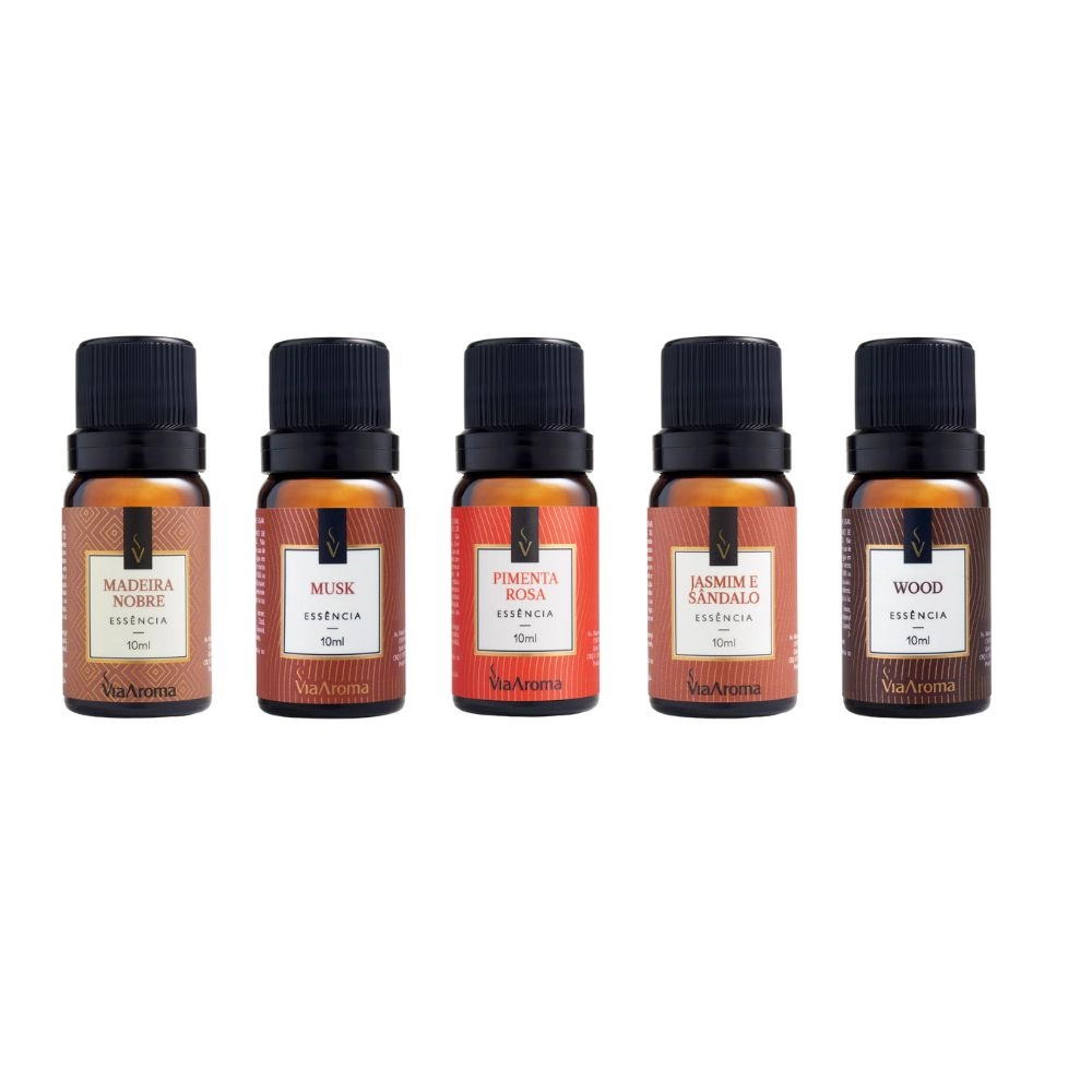 Produto Kit 5 Essências Via Aroma - Jasmim e Sândalo, Madeira Nobre, Musk, Pimenta Rosa e Wood