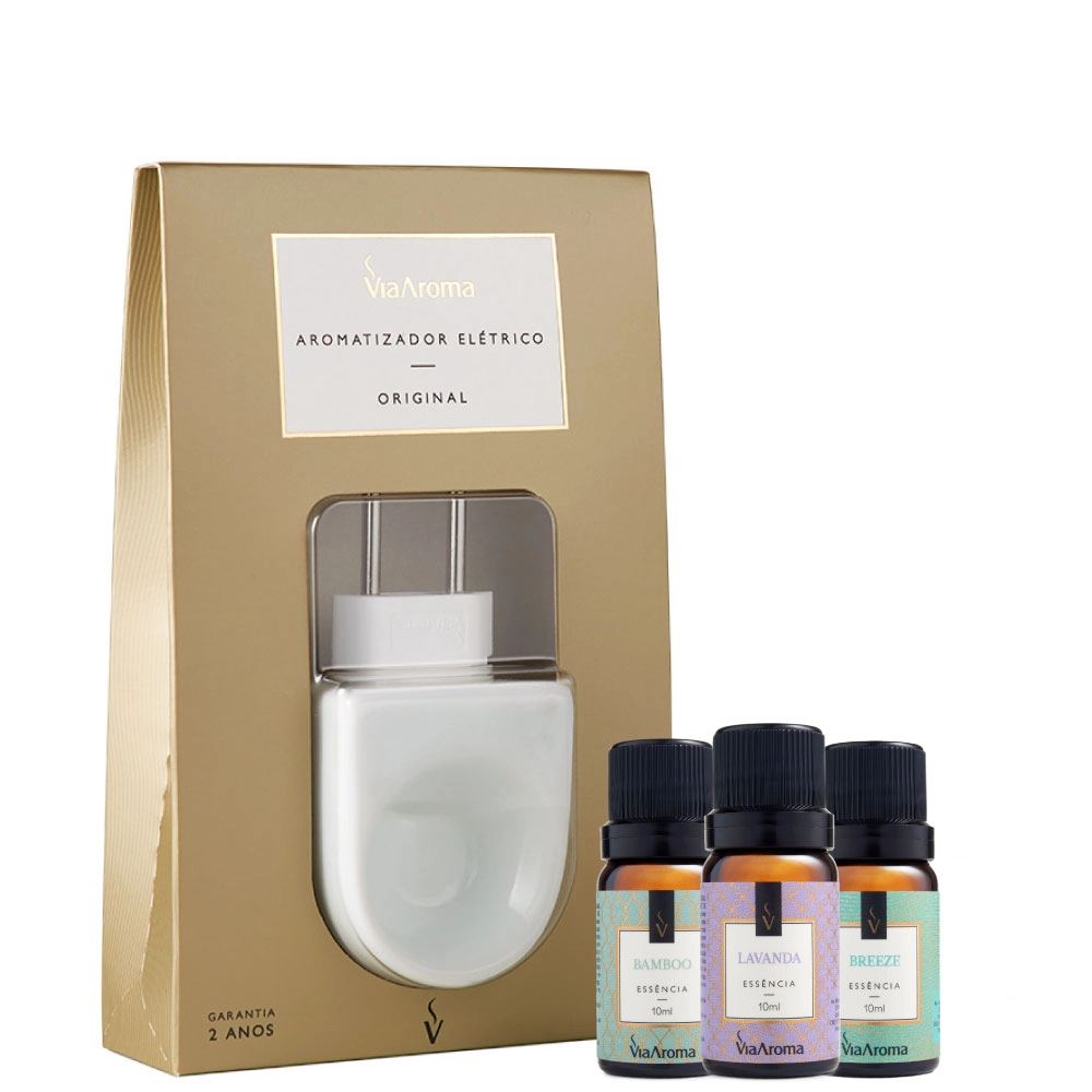 Produto Kit Aromatizador Elétrico Original mais 3 Essências Via Aroma - Bamboo, Breeze e Lavanda
