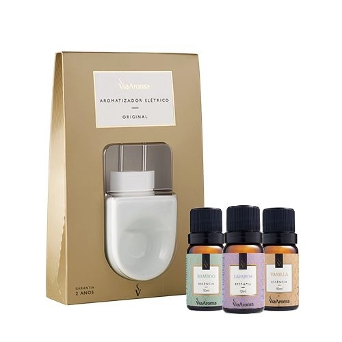 Produto Kit Aromatizador Elétrico Original mais 3 Essências Via Aroma - Bamboo, Lavanda e Vanilla