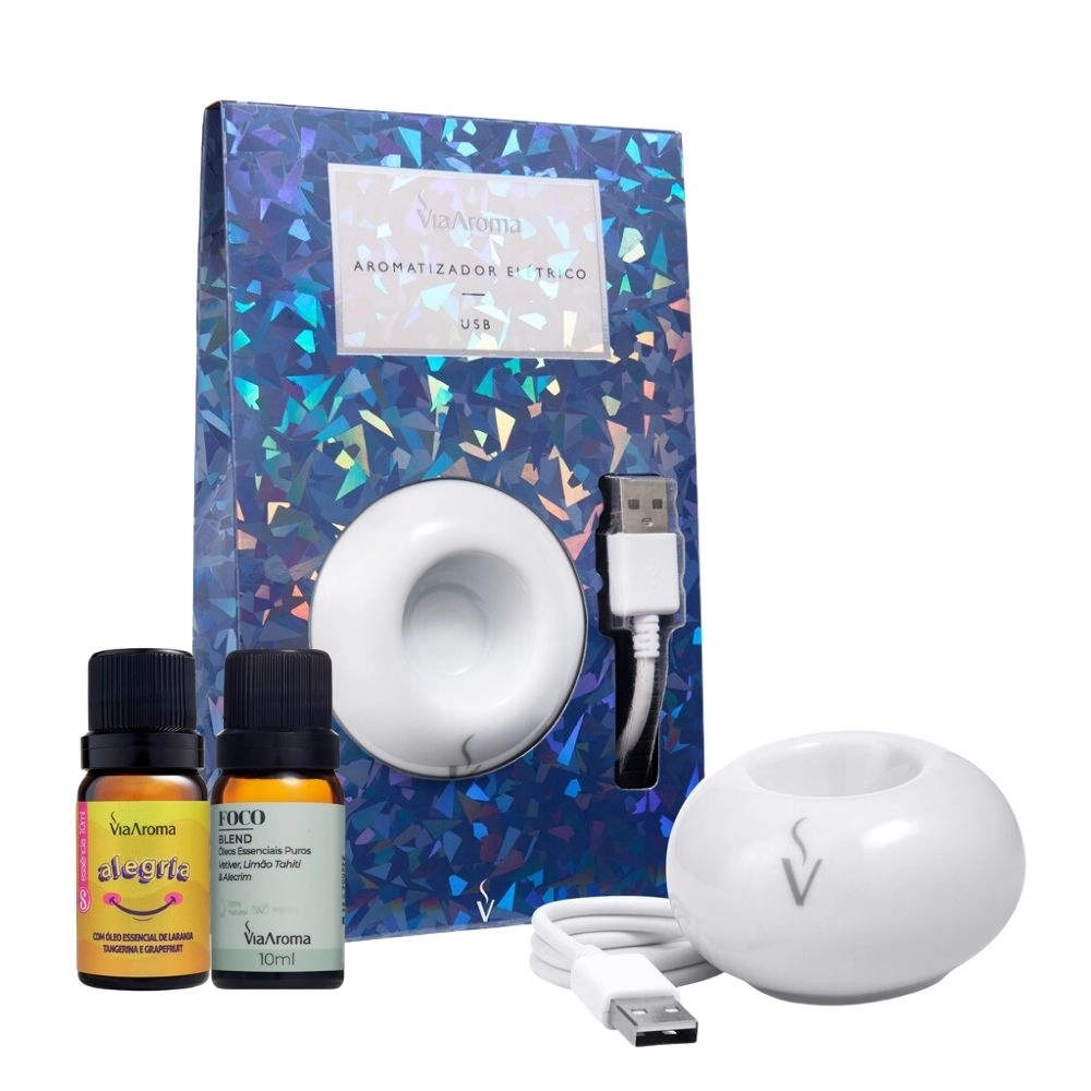 Produto Kit Aromatizador Elétrico USB mais Blend Foco e Essência Alegria Via Aroma