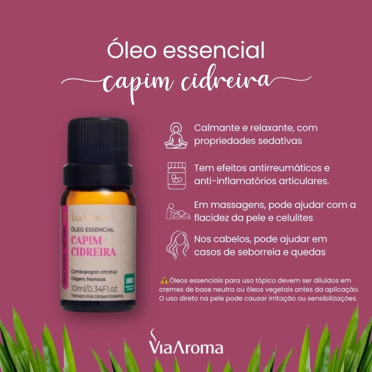 Óleo Essencial Capim Cidreira Via Aroma - 10ml Produto Óleo Essencial Capim Cidreira Via Aroma - 10ml