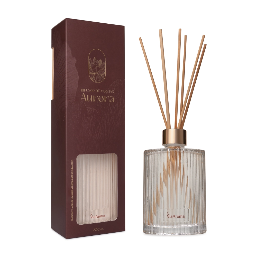Difusor de Varetas Aurora Via Aroma - 200ml frente com e sem embalagem Difusor de Varetas Aurora Via Aroma - 200ml frente com e sem embalagem