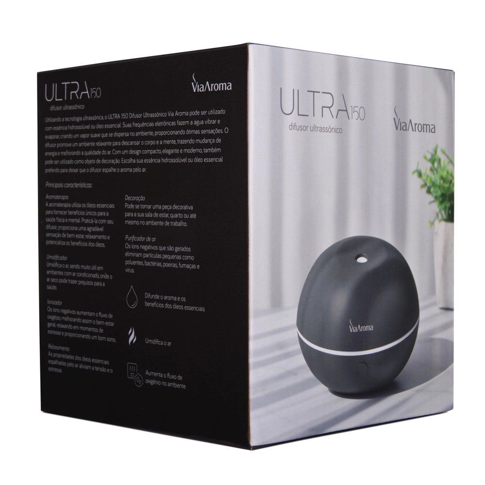 Difusor Ultrassônico ULTRA Cinza 150ml Via Aroma caixa instruções 