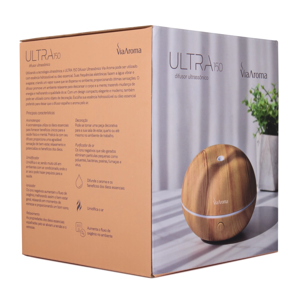 Difusor Ultrassônico ULTRA Madeira 150ml Via Aroma Caixa instruções 