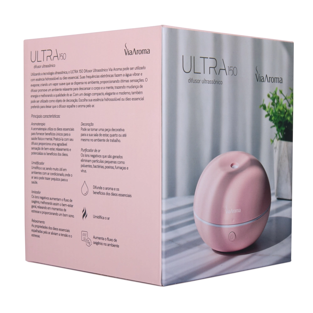 Difusor Ultrassônico ULTRA Rosa 150ml Via Aroma Caixa Instruções 