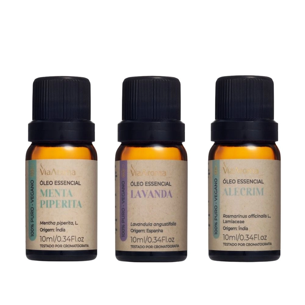 Kit 3 Óleos Essenciais Via Aroma - Alecrim, Lavanda e Menta Piperita Produtos fora embalagem