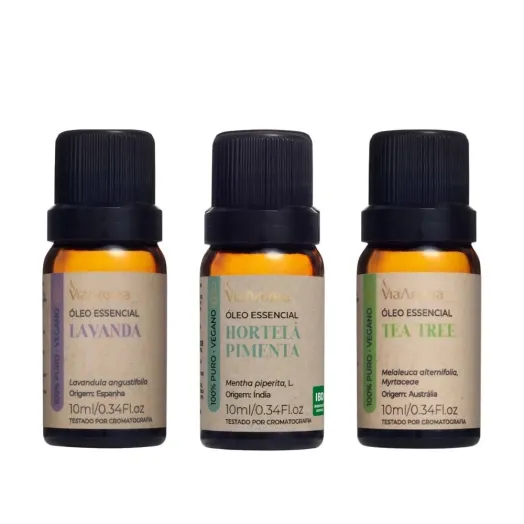 Kit 3 Óleos Essenciais Via Aroma - Lavanda, Hortelã Pimenta e Tea Tree Produto Kit 3 Óleos Essenciais Via Aroma - Lavanda, Hortelã Pimenta e Tea Tree
