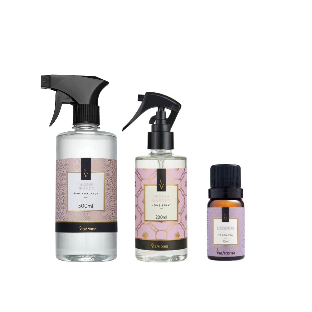 Kit 3 produtos Via Aroma - Água Perfumada, Home Spray e Essência 