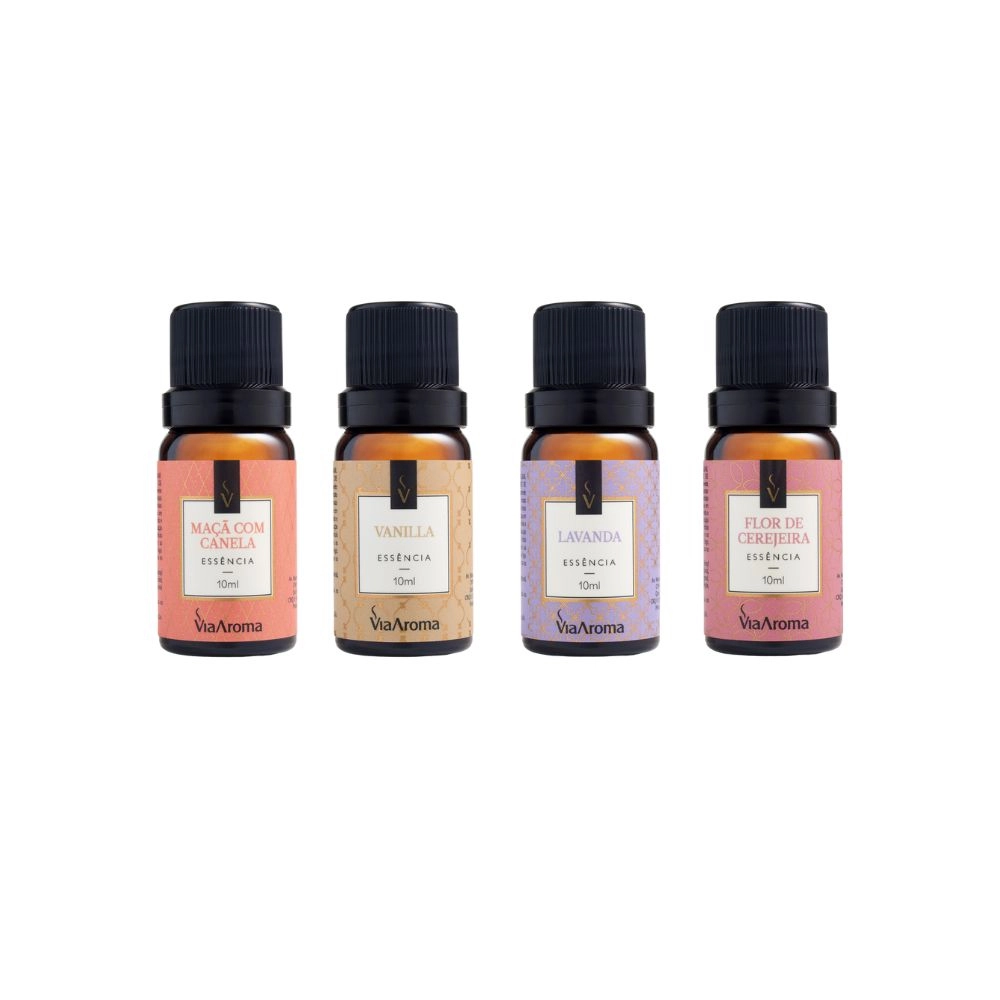 Kit 4 Essências Via Aroma -  Flor de cerejeira, Lavanda, Maçã com canela e Vanilla 
