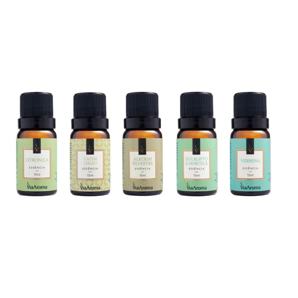 Kit 5 Essências Via Aroma - Alecrim Silvestre, Capim Limão, Citronela, Eucalipto e Hortelã e Verbena Kit 5 Essências Via Aroma - Alecrim Silvestre, Capim Limão, Citronela, Eucalipto e Hortelã e Verbena