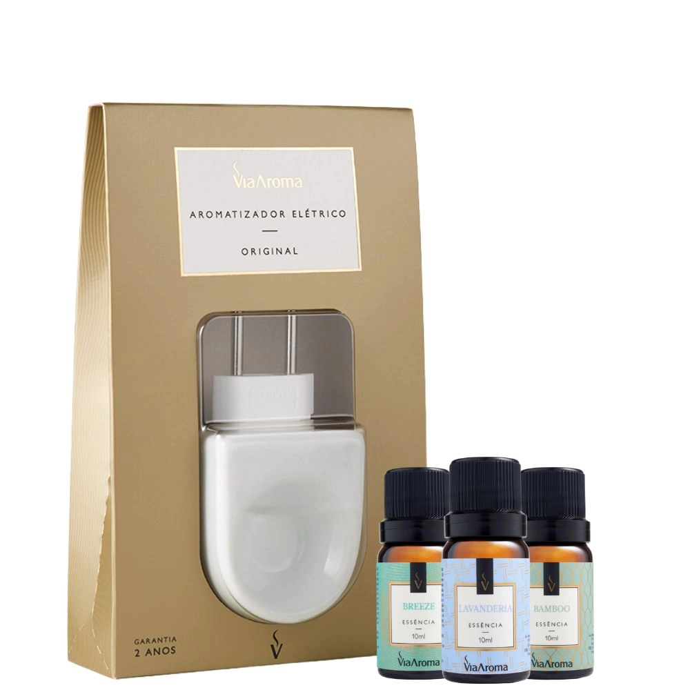 Kit Aromatizador Elétrico Original mais 3 Essências Via Aroma - Bamboo, Breeze e Lavanderia