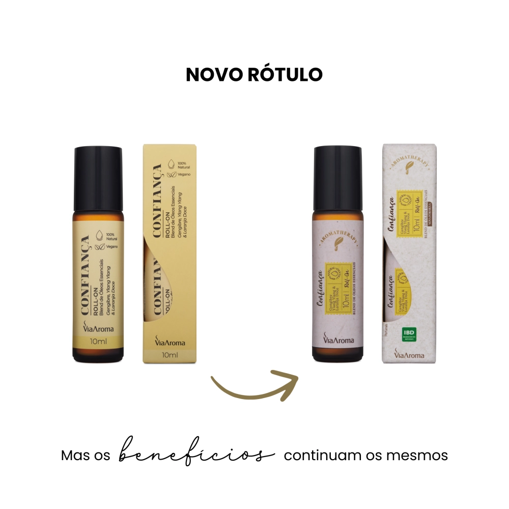 Roll-On Blend Óleos Essenciais Confiança Via Aroma - 10ml Antes e Depois, embalagem nova