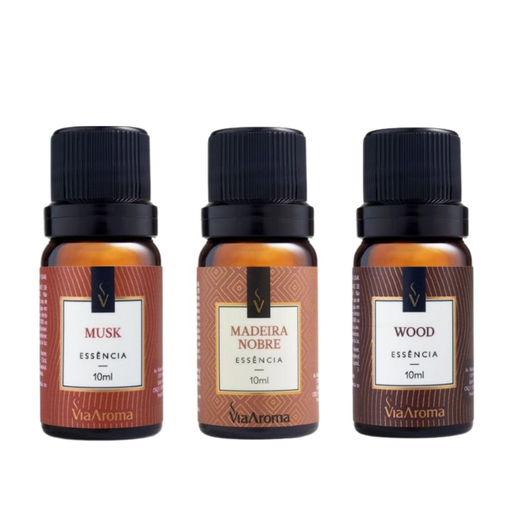 Kit 3 Essências Via Aroma - Madeira Nobre, Musk e Wood
