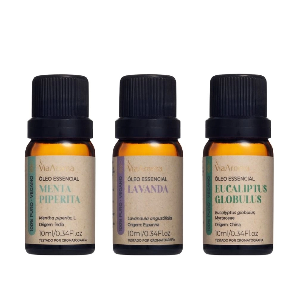 Kit 3 Óleos Essenciais Via Aroma – Eucaliptus Globulus, Lavanda e Menta Piperita