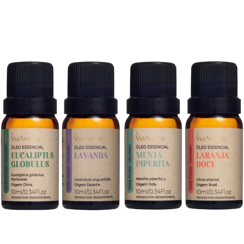 Kit 4 Óleos Essenciais Via Aroma - Eucaliptus Globulus, Laranja Doce, Lavanda e Menta Piperita