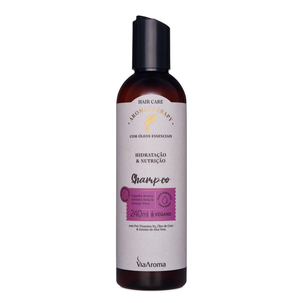 Shampoo HidrataÃ§Ã£o e NutriÃ§Ã£o Aromatherapy Via Aroma - 240ml Frente